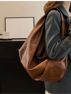 New Classic Brown Leather Shoulder Bag - Women's Everyday Tote